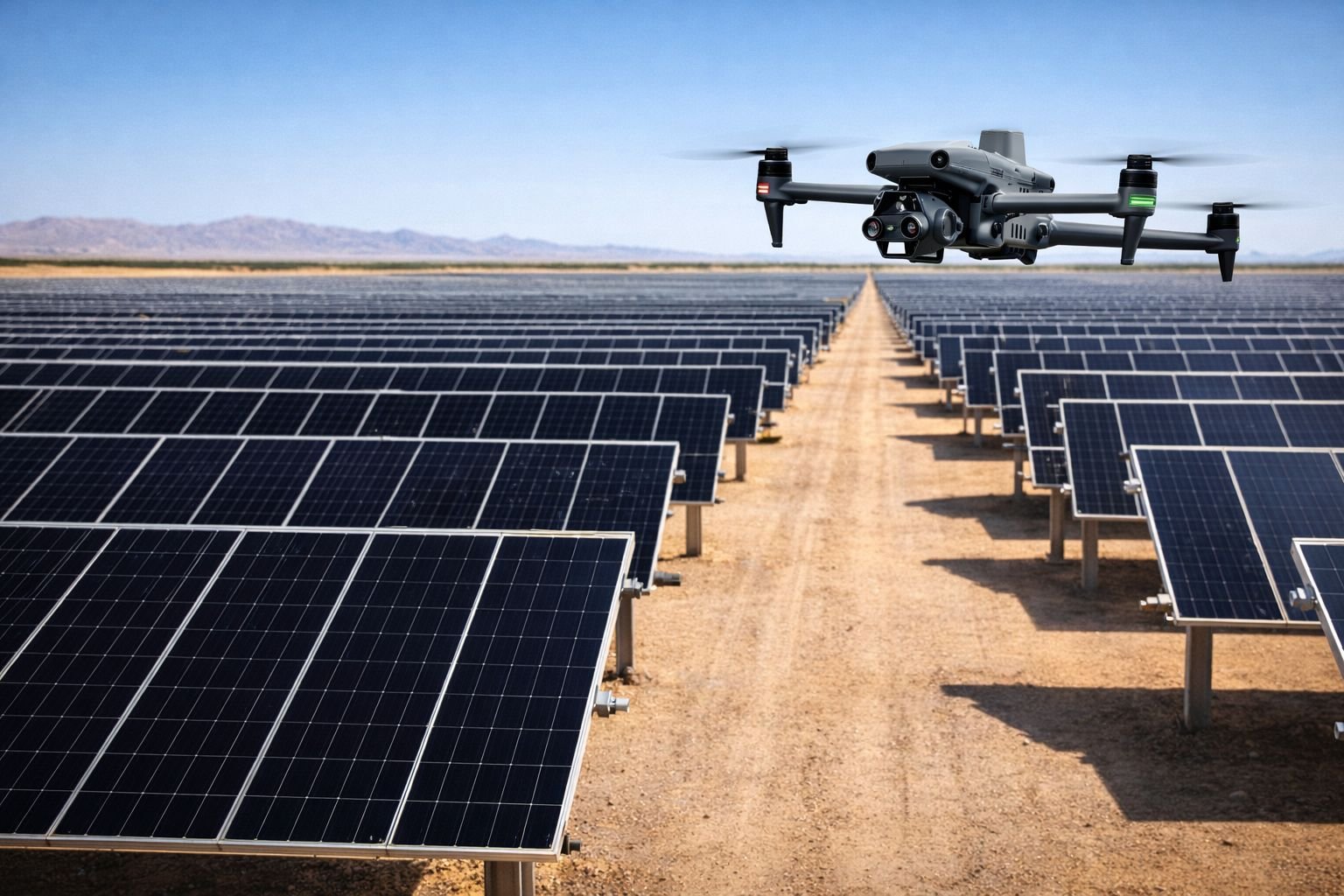 Drone inspecting solar panels for cleaning and maintenance